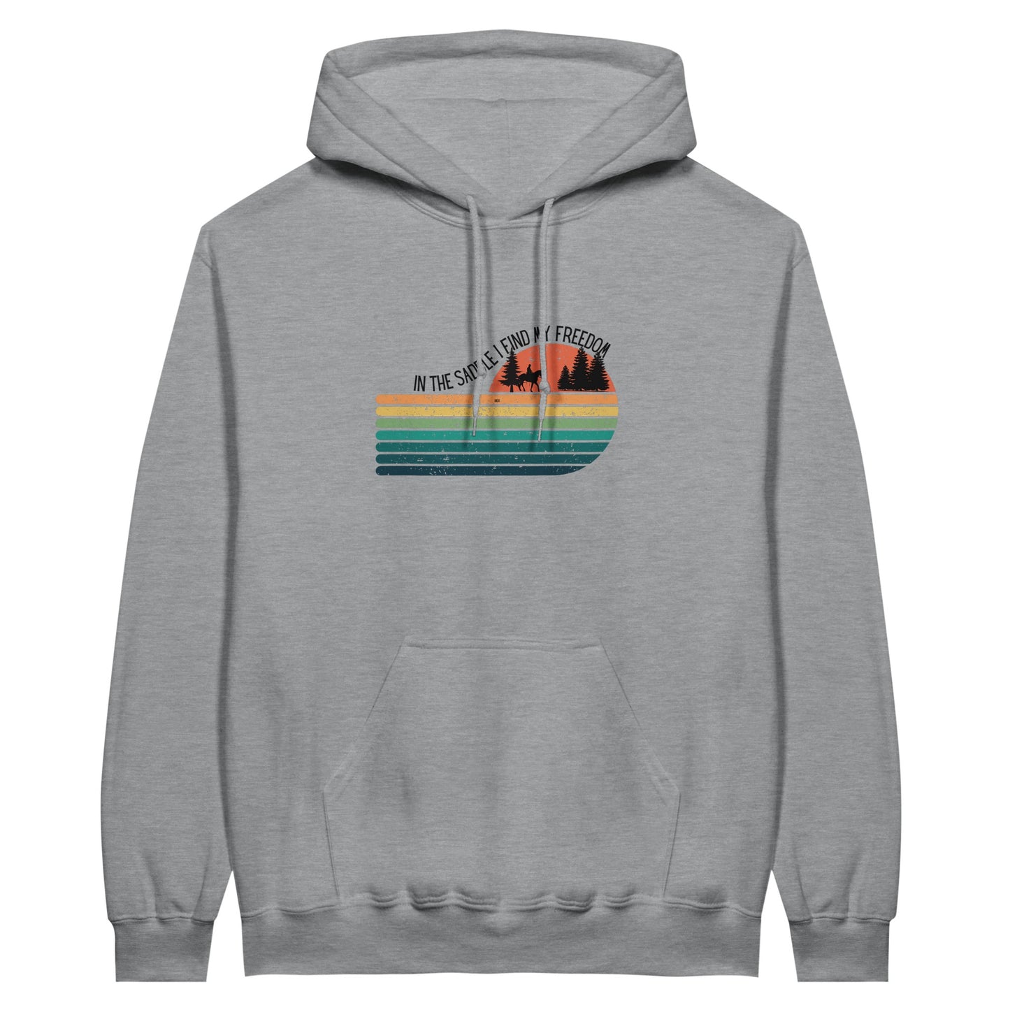 Gray hoodie with a retro-inspired design and the text "In the saddle I find my freedom," ideal for horse lovers.