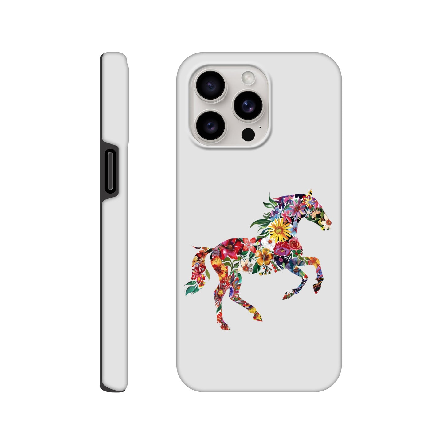 White horse phone case with a floral galloping horse design
