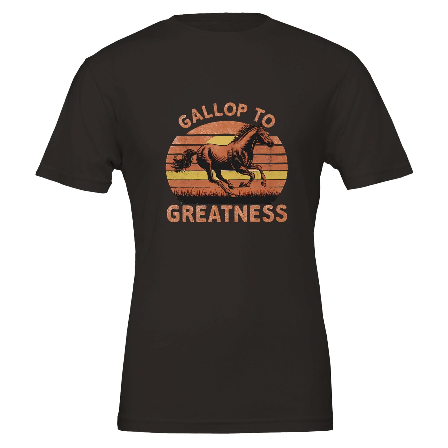 Black t-shirt for horse lovers and greatness aspirants. With a graphic design that says 'Gallop to Greatness'
