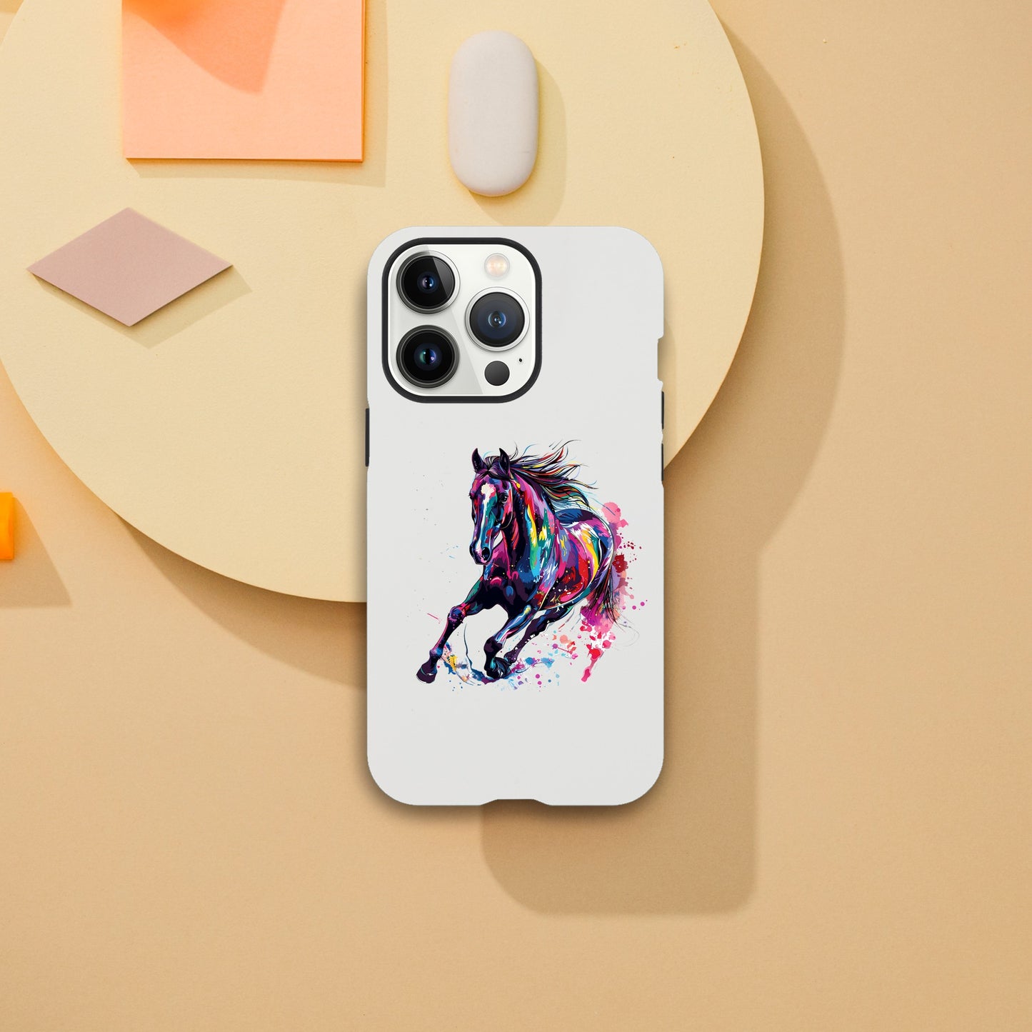 White phone case with a colorful galloping horse design, compatible with iPhone and Galaxy models.