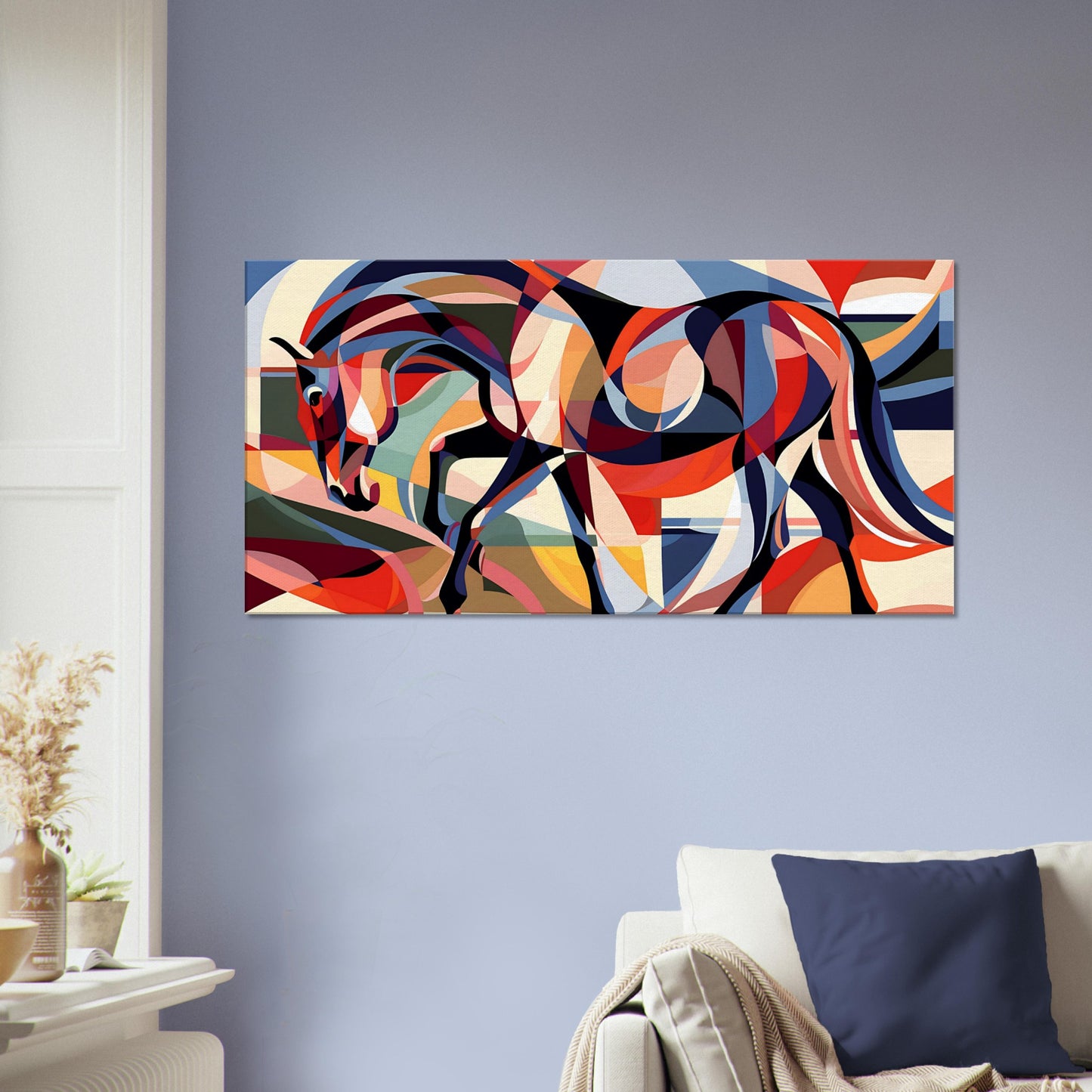 Abstract canvas wall art titled "Equine Harmony," featuring a colorful geometric silhouette of a horse, ideal for modern decor.