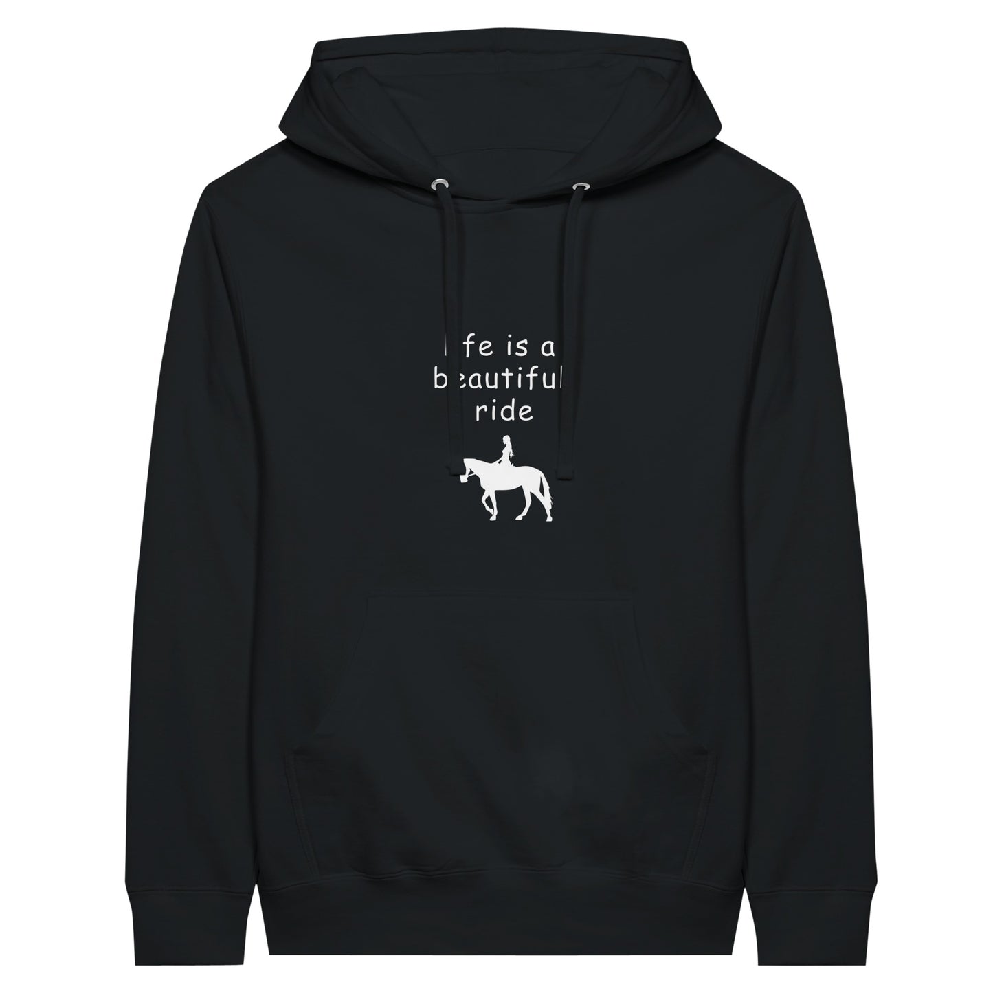 Black hoodie with "Life is a beautiful ride" text and horse rider silhouette for equestrian enthusiasts