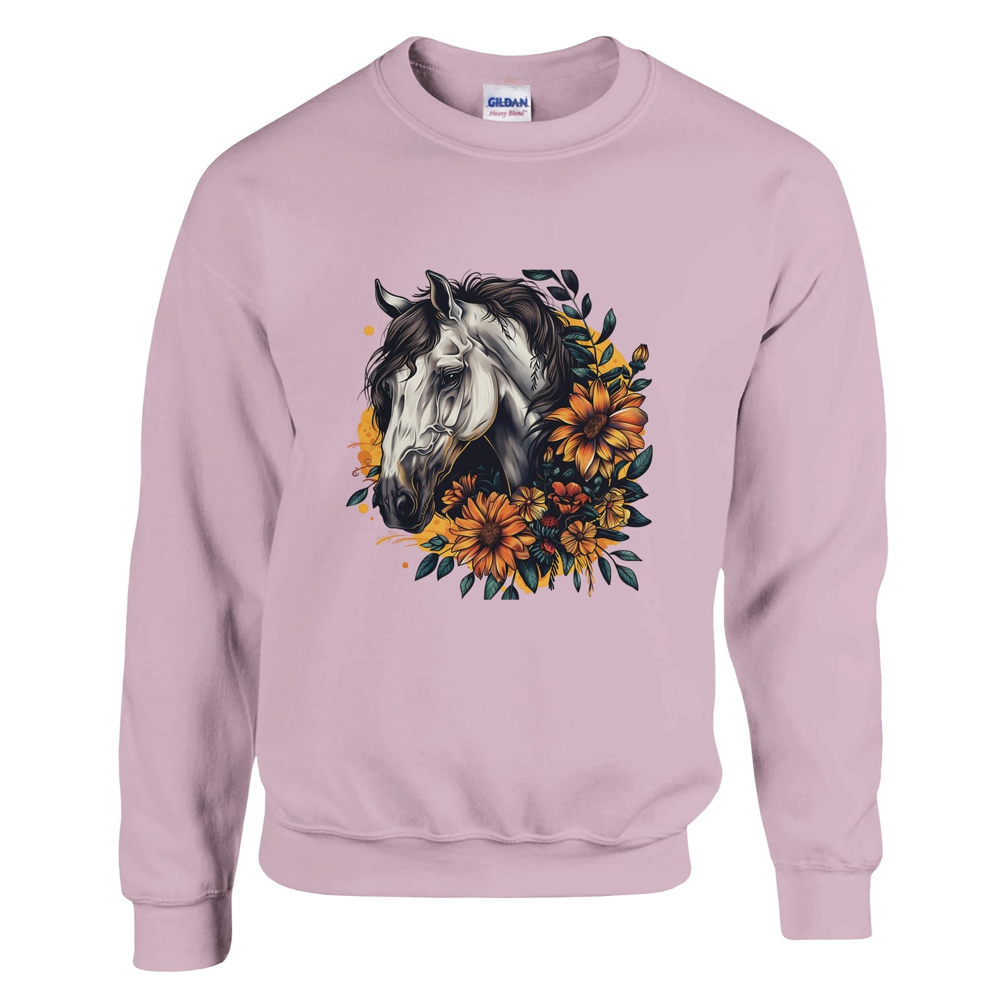 Pink equestrian sweatshirt with a white horse and sunflower design