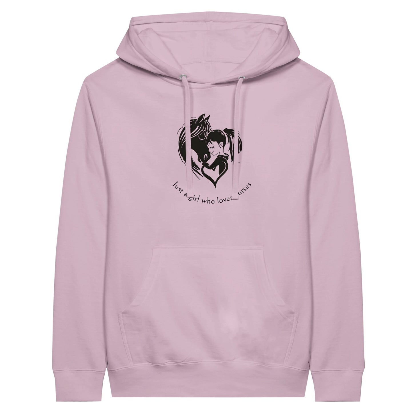 Pink hoodie with "Just a girl who loves horses" text for equestrian enthusiasts