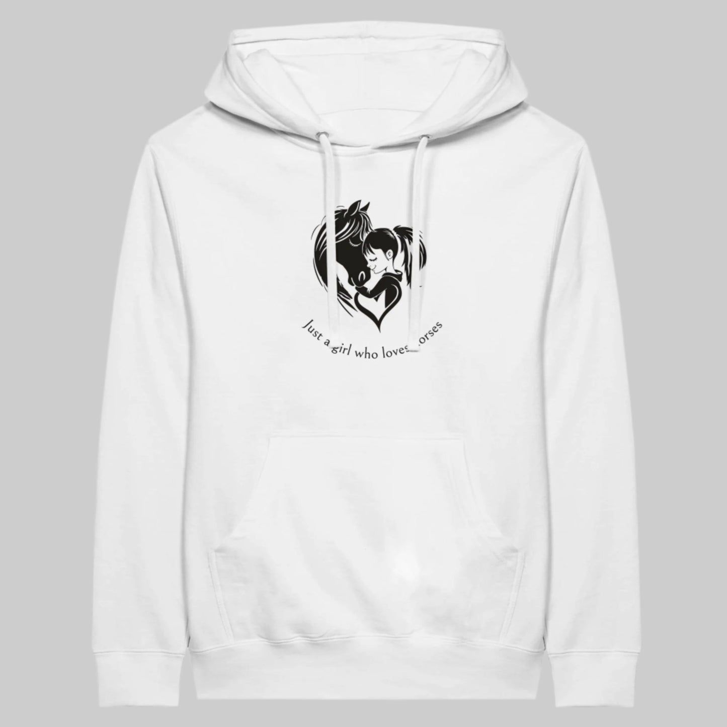 White hoodie with "Just a girl who loves horses" text for equestrian enthusiasts