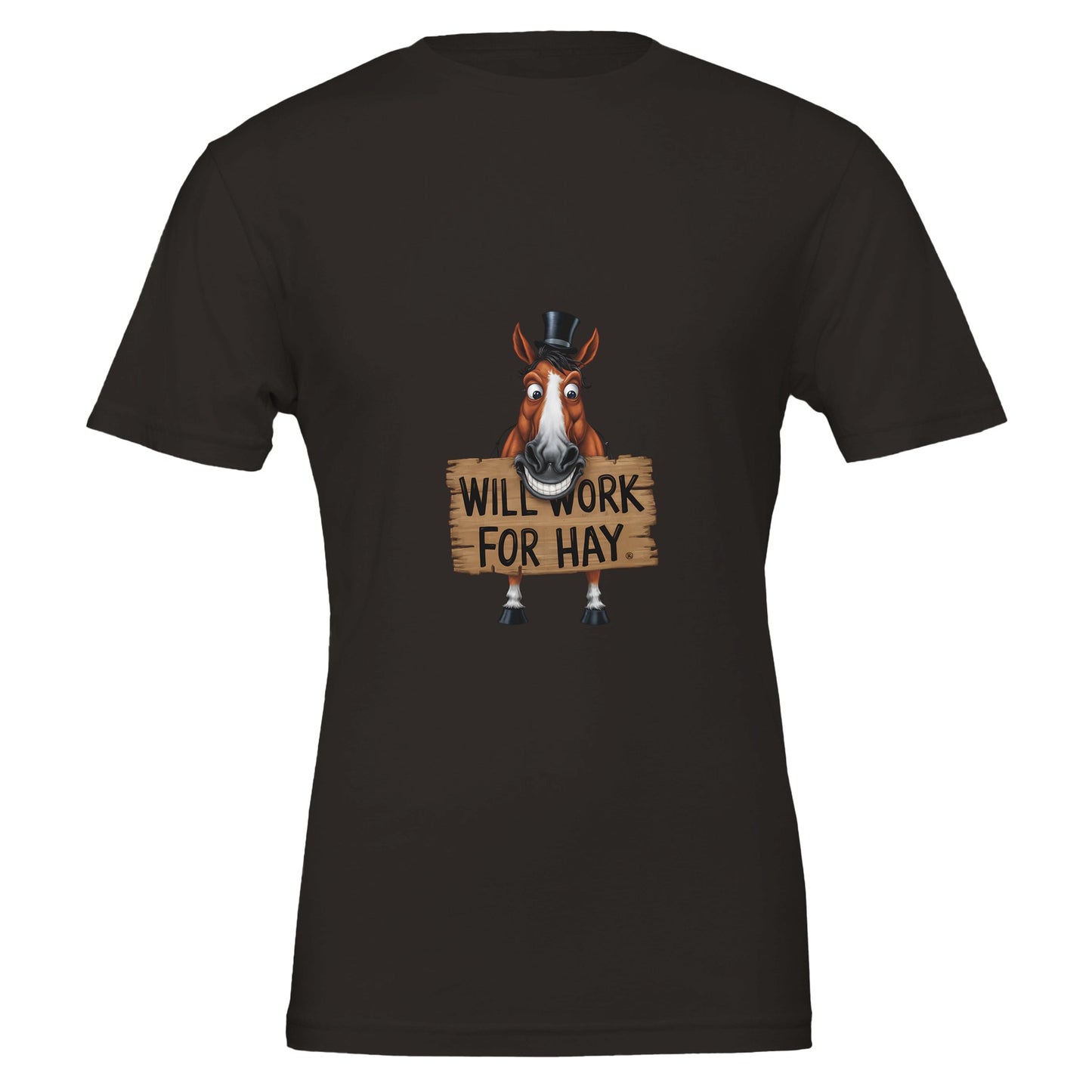 Funny black t-shirt for horse lovers with a homeric graphic design of a horse holding a sign that says 'Will Work for Hay'