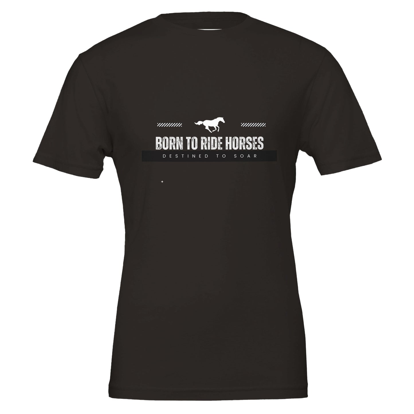 Black T-shirt with the quote "Born to ride horses, destined to soar," for horse riding enthusiasts.