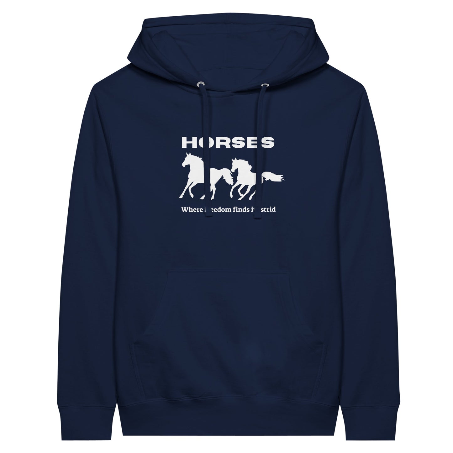 Dark blue hoodie with galloping horses and "Where Freedom Finds Its Stride" phrase, ideal for horse lovers.