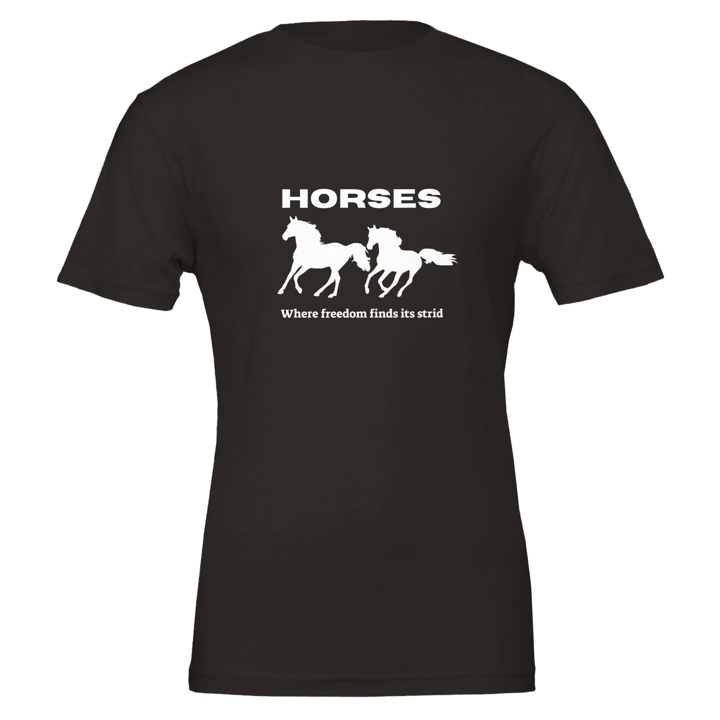 Black t-shirt with galloping horses and "Where Freedom Finds Its Stride" phrase, ideal for horse lovers.