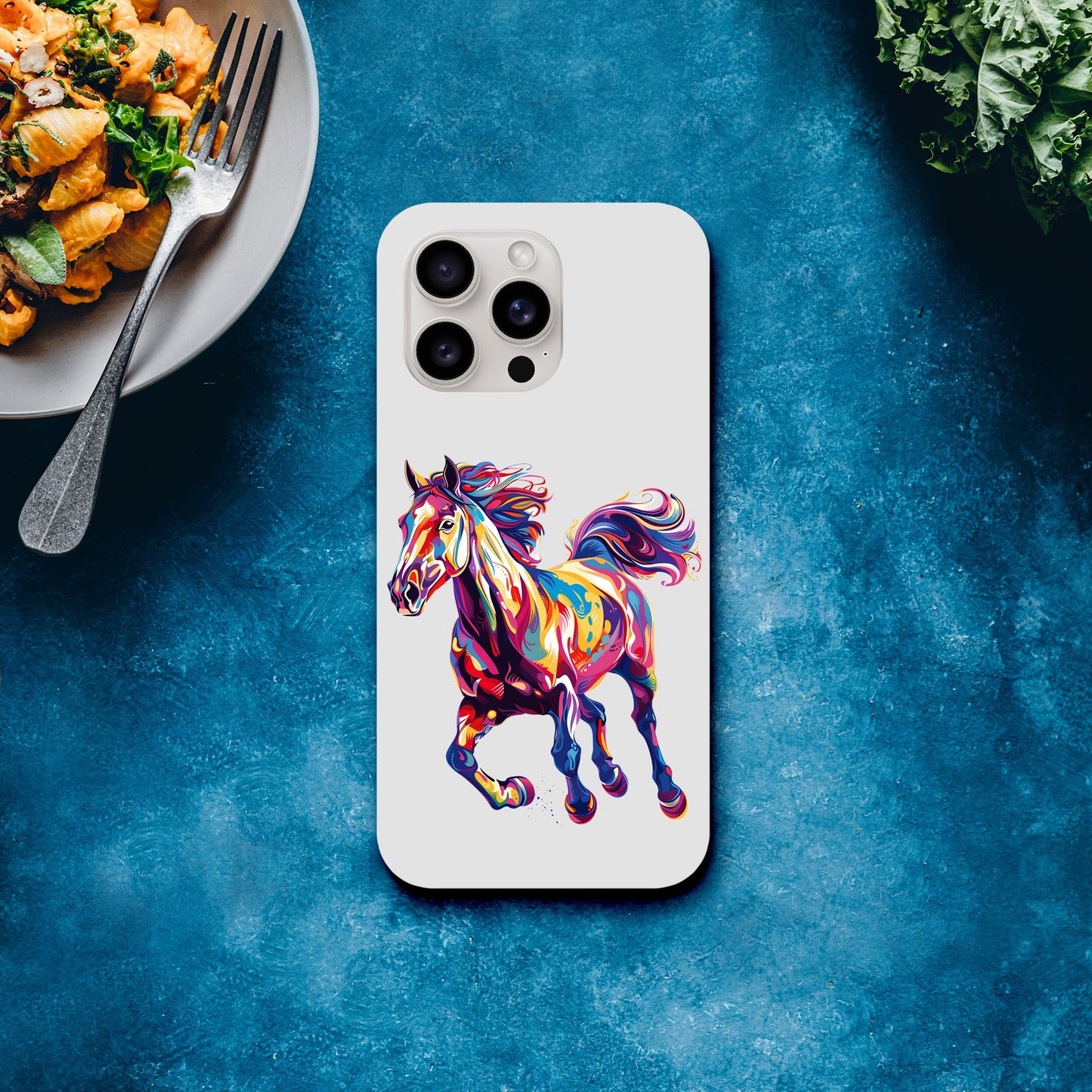 Wireless-compatible phone case with colorful horse design, fits iPhone and Galaxy models.