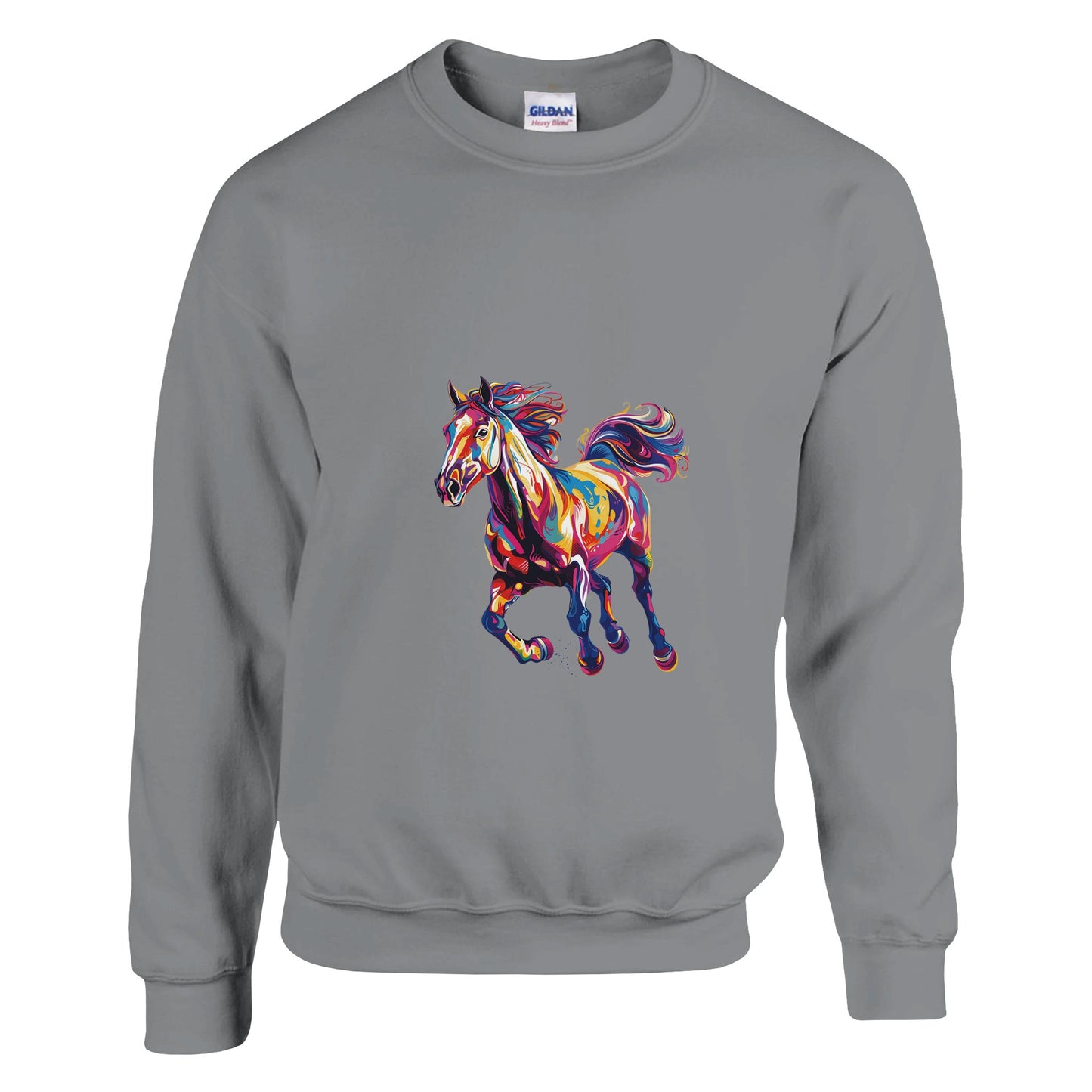 Gray sweatshirt with a colorful horse design, unisex and perfect for horse lovers.