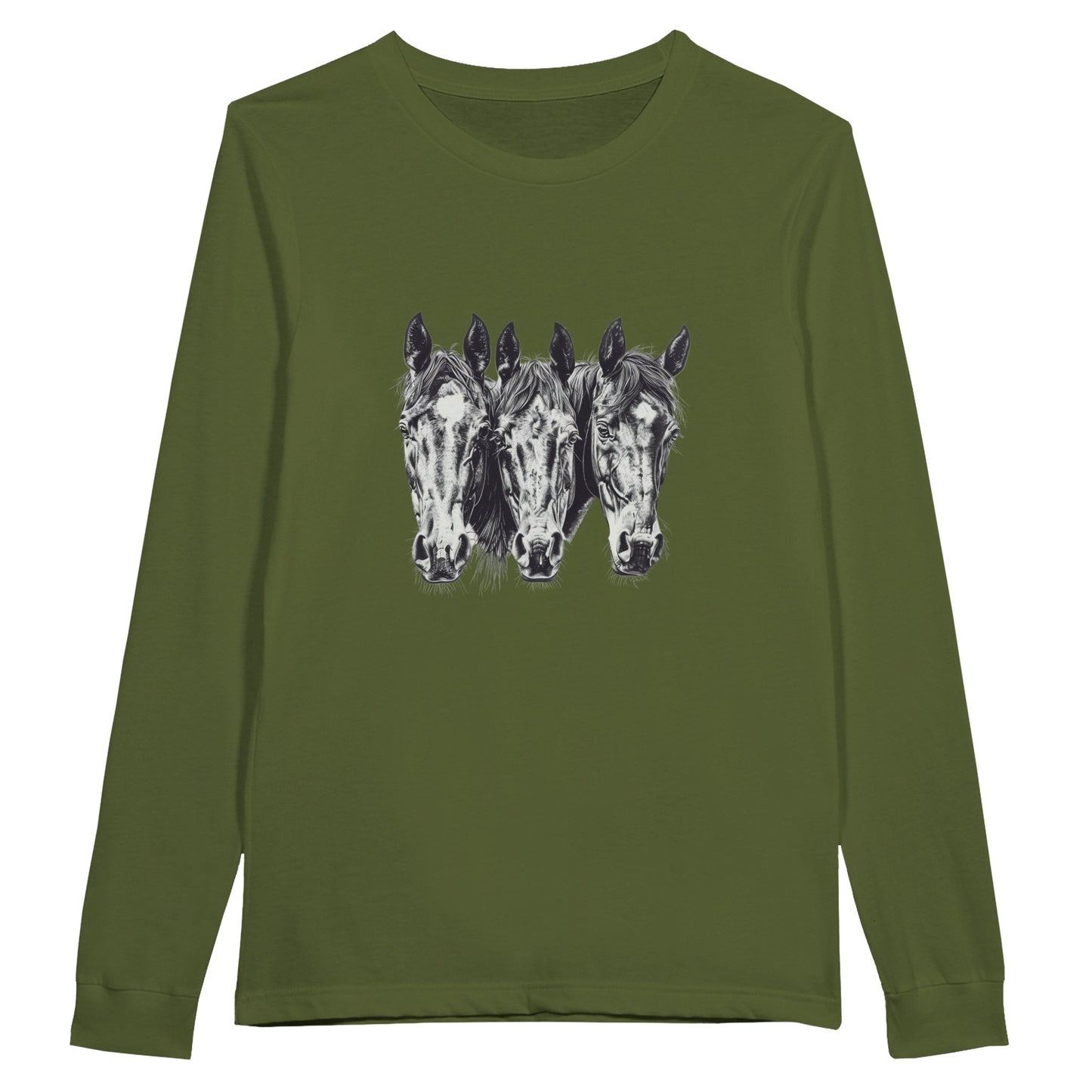 Green long sleeve shirt with three horse head designs, ideal for equestrian enthusiasts.