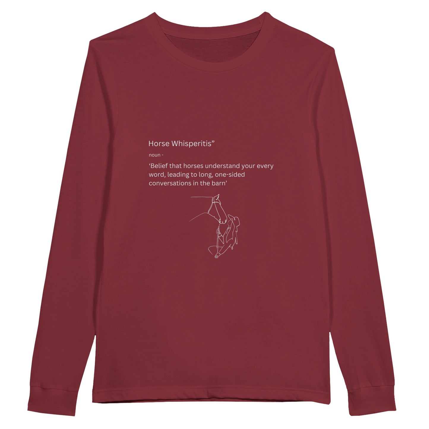Red long-sleeve t-shirt with "Horse Whisperitis" phrase, perfect for equestrian enthusiasts with a sense of humor.