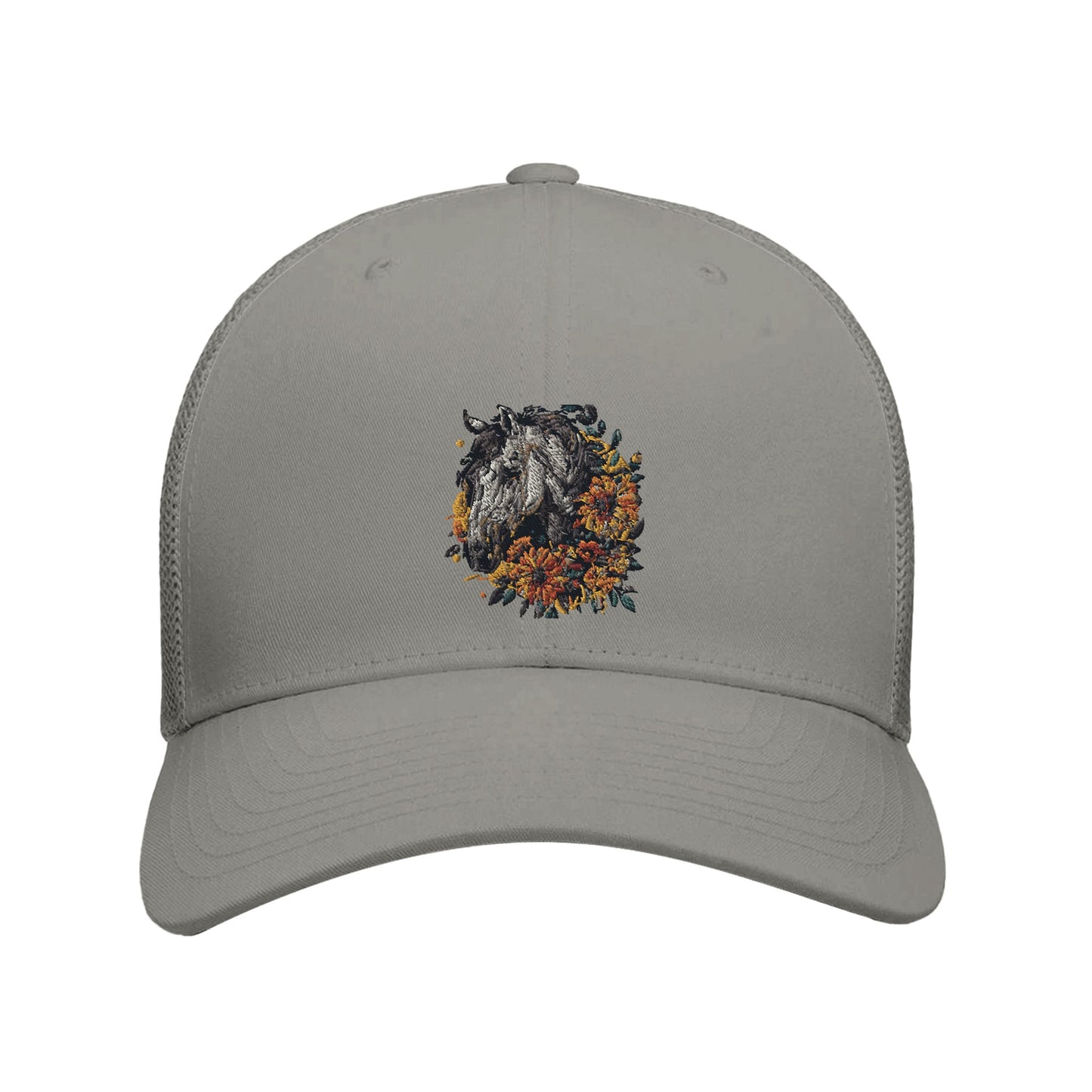 Gray hat with horse featuring a white horse and sunflower design