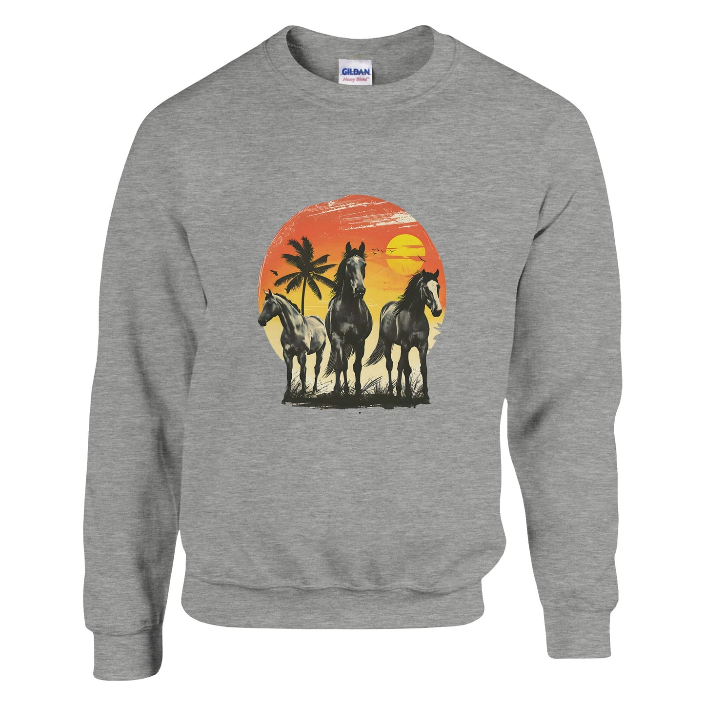 Gray horse sweatshirt with a tropical design of three horses against a vivid sunset and palm trees.