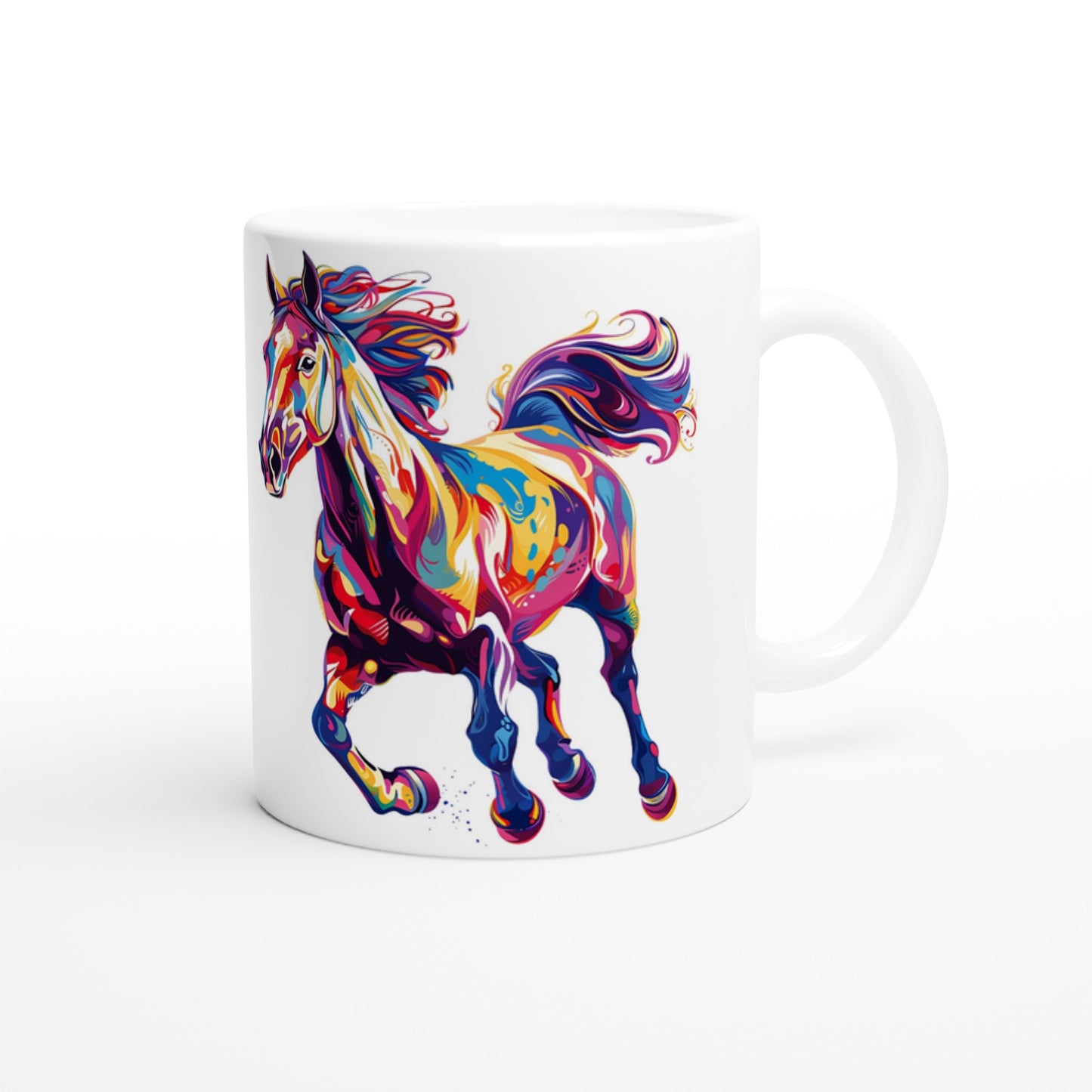 White coffee mug with a colorful horse design, perfect gift for horse lovers.