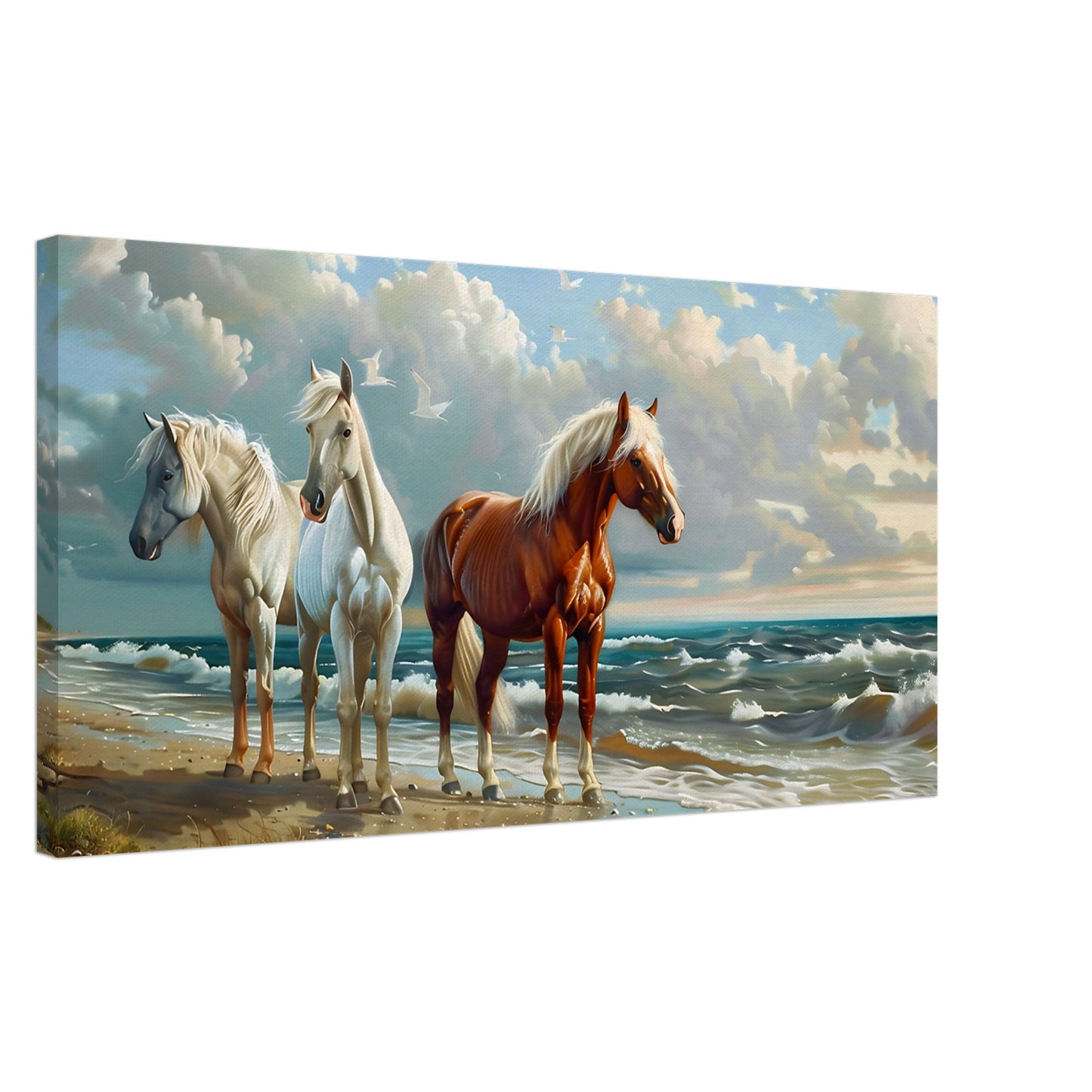 Three majestic horses standing by the sea with waves and clouds in the background, titled "Coastal Majesty."