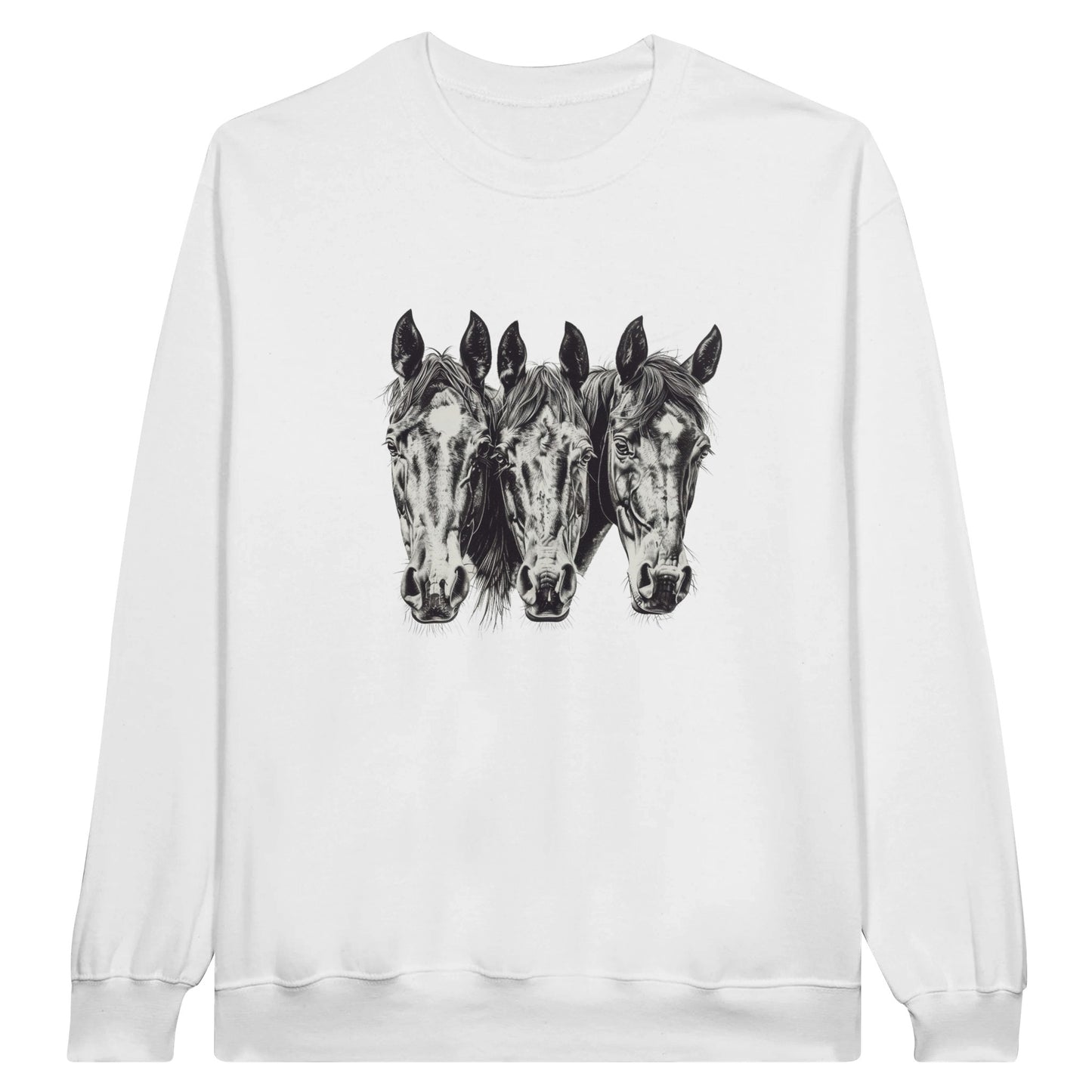 White sweatshirt with a design of three horse heads in black, perfect for equestrian enthusiasts.