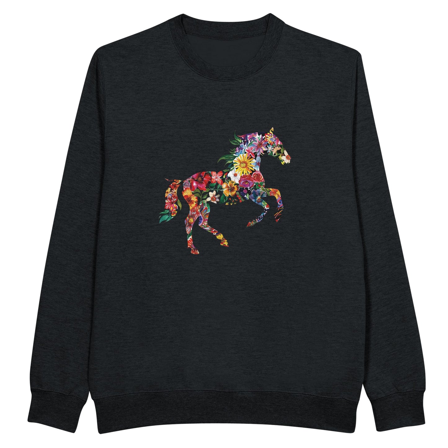 Black horse sweatshirt with a floral galloping horse design