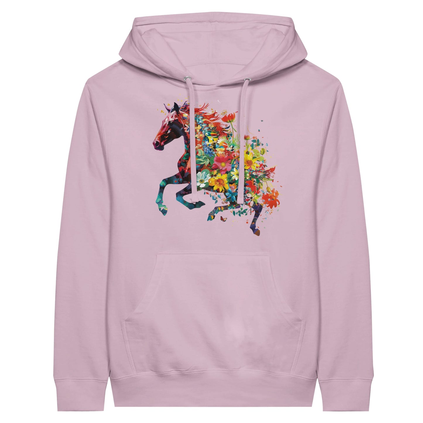 Pink floral womens horse hoodie with galloping horse design