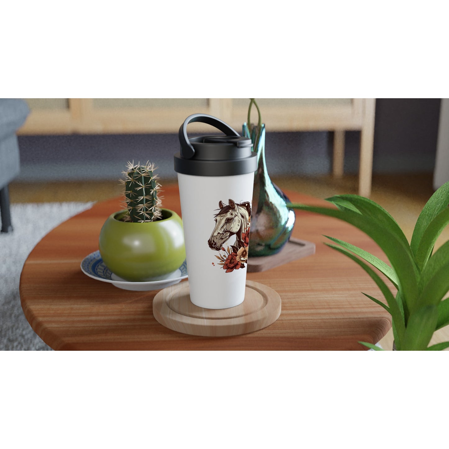 White travel tumbler with rustic horse and floral design