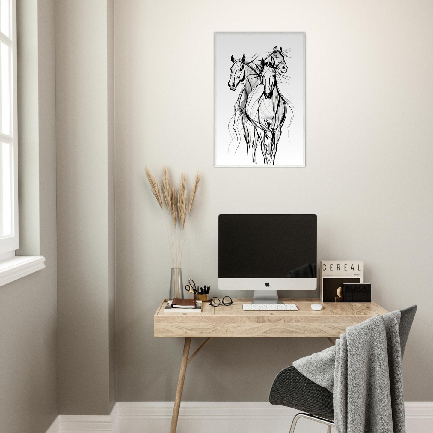 Horse framed wall art with black-and-white sketch of three horses in motion, perfect for horse enthusiasts