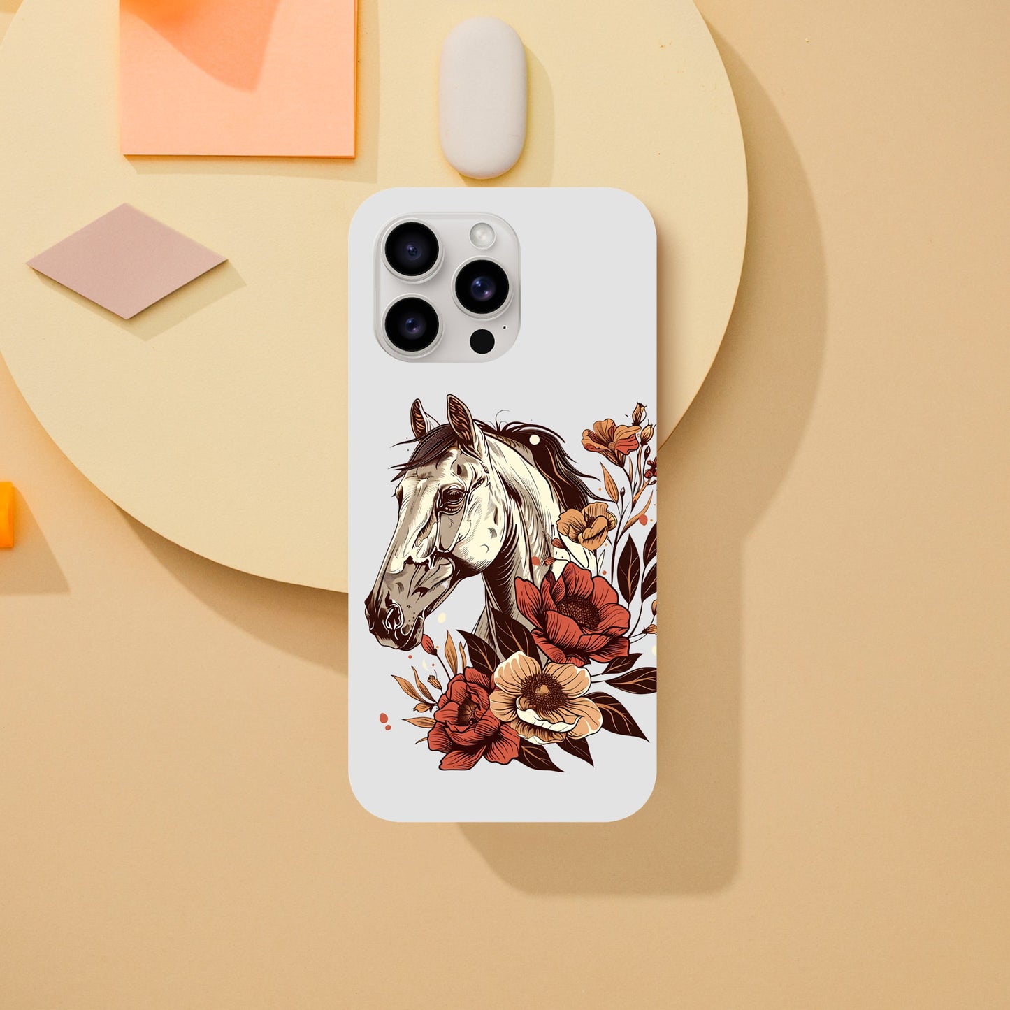 White horse phone case with a vintage floral horse design