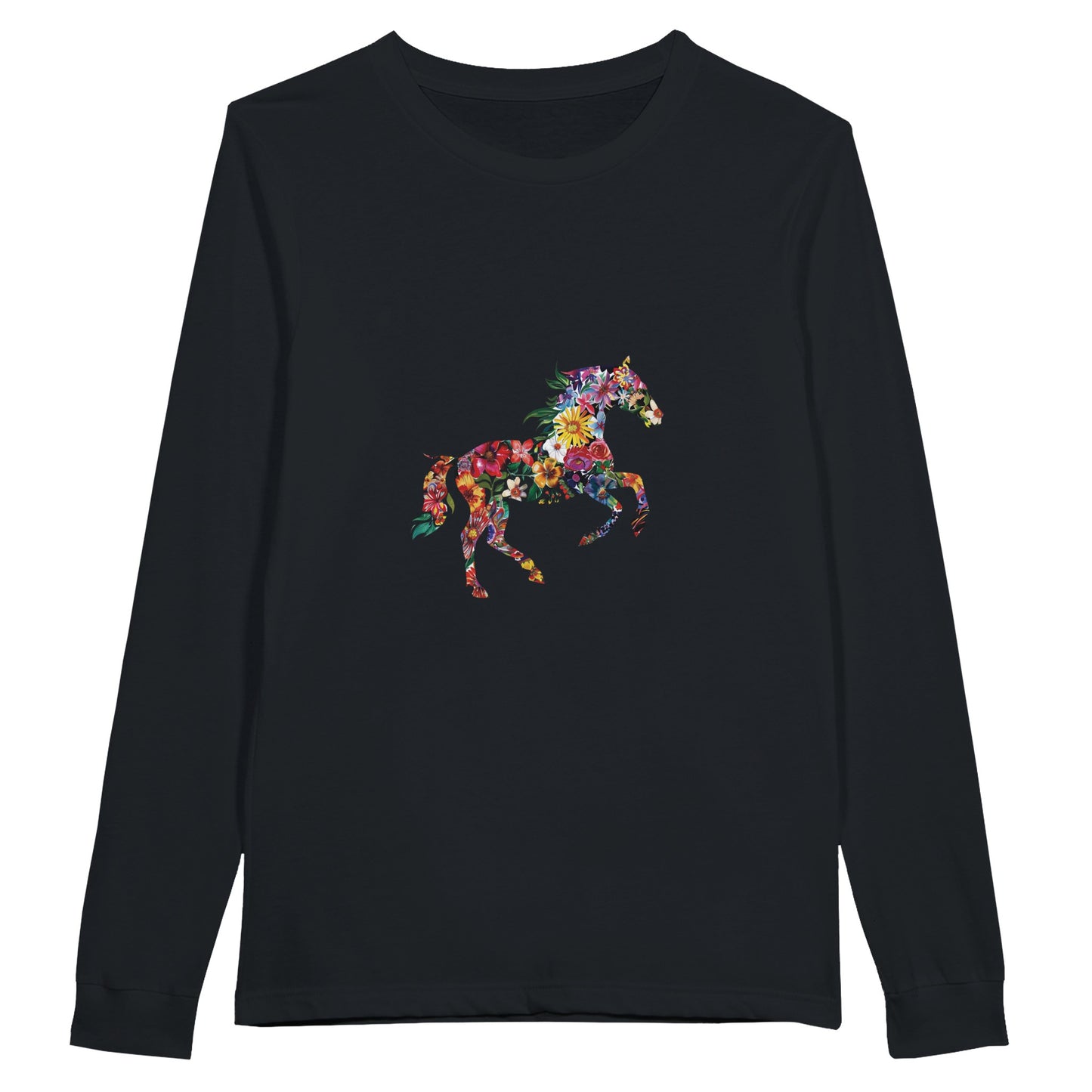 Black long sleeve horse shirt with a colorful floral horse design