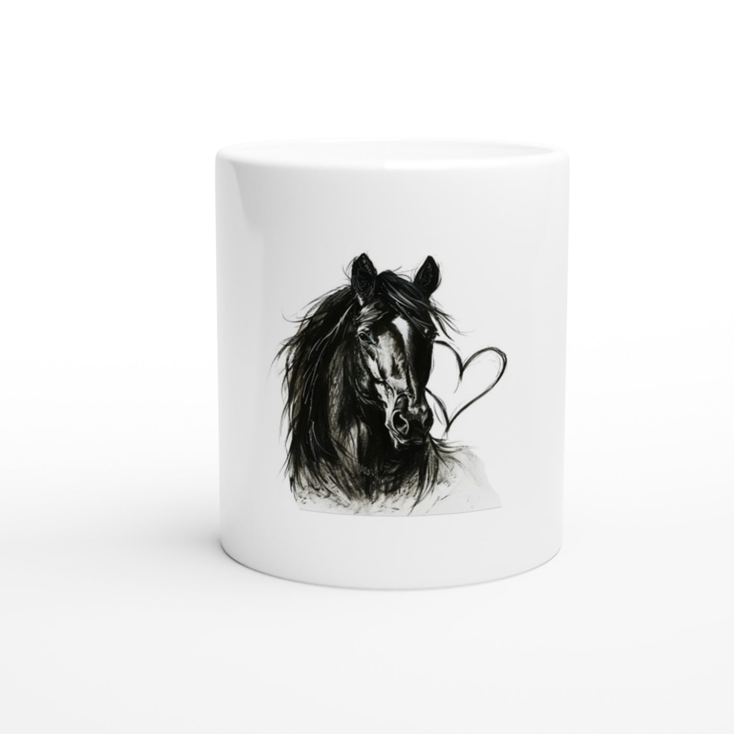 White ceramic coffee mug featuring a black horse with a heart design, perfect for horse lovers.