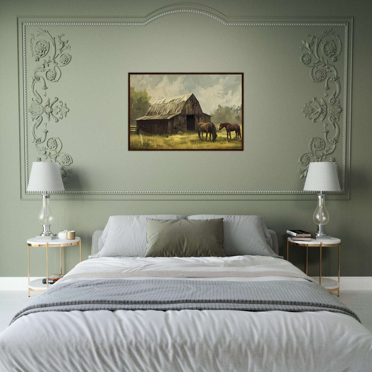 Horse framed wall art with barn and grazing horses, ideal for horse lovers’ decor