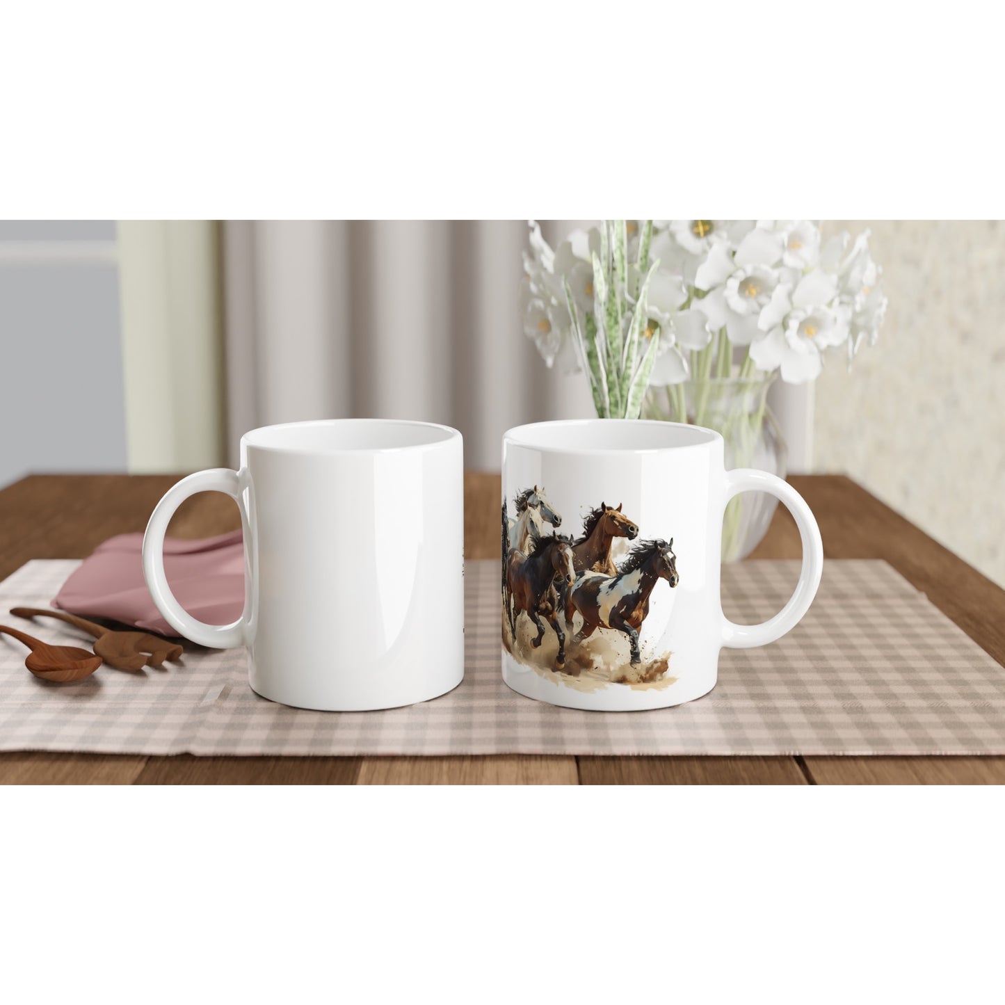 White coffee mug featuring galloping horses, ideal gift for horse lovers