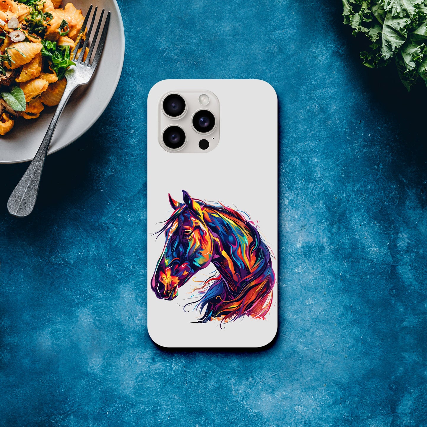 Wireless-compatible phone case with an artistic horse head design, fits iPhone and Galaxy models.
