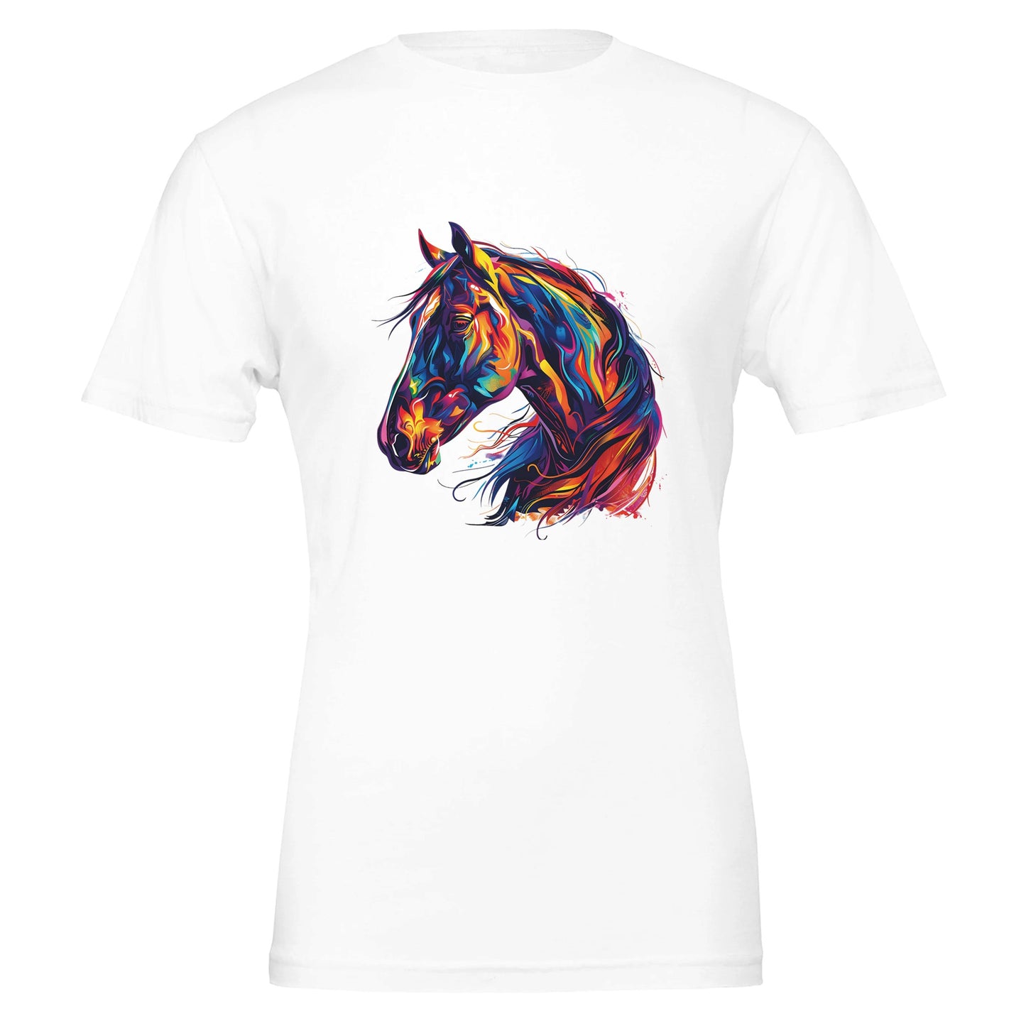 White unisex t-shirt with a vibrant multicolor horse design, perfect for horse enthusiasts and casual wear.