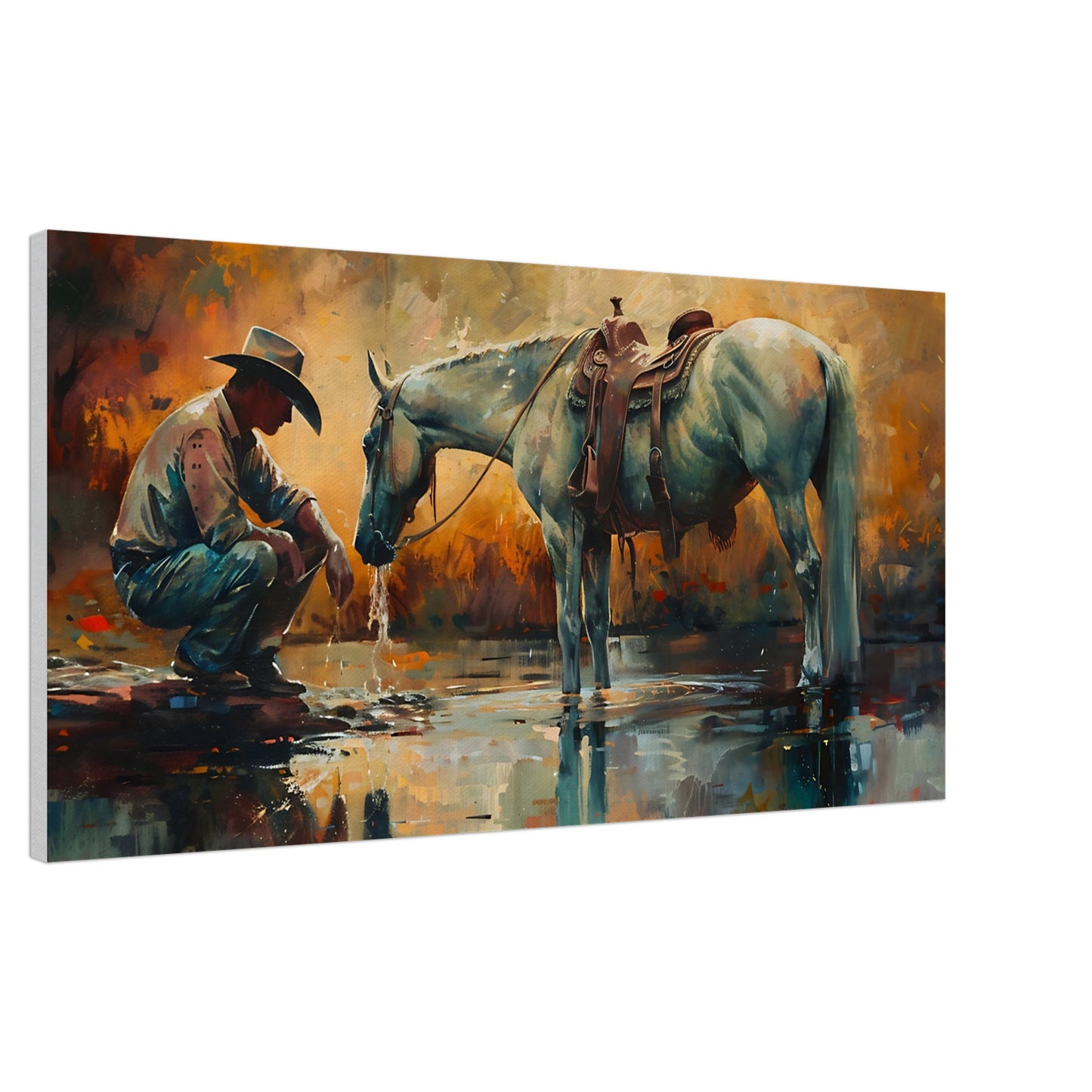 Horse canvas wall art with cowboy and horse at a stream, ideal for rustic decor