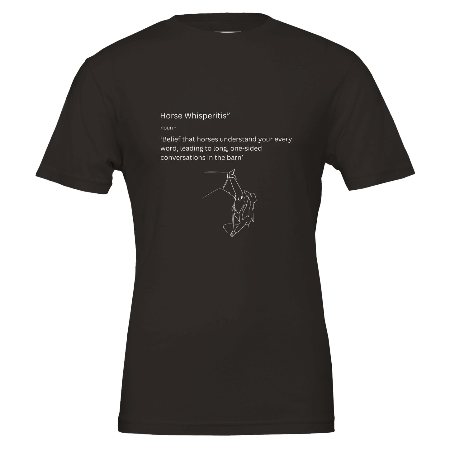 Black t-shirt with "Horse Whisperitis" humorous phrase, ideal for women and girls who love horses.