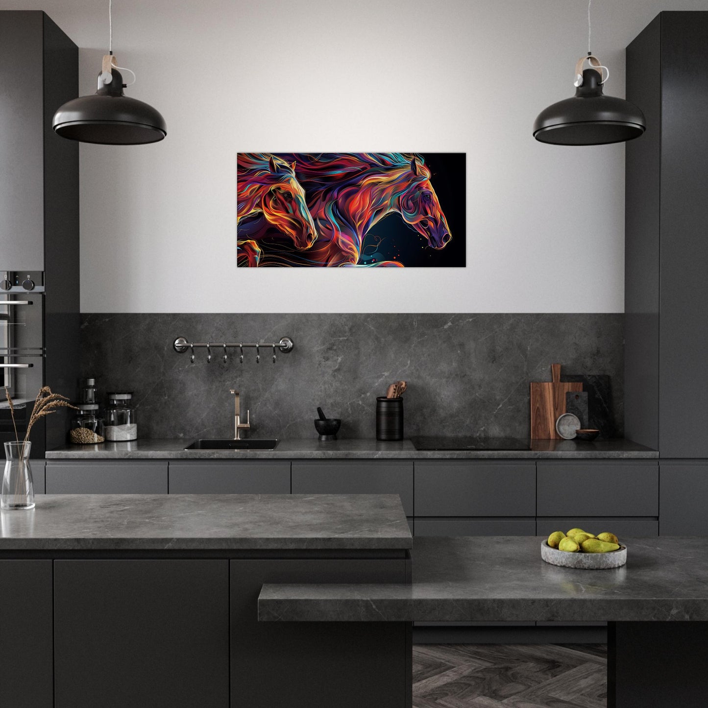 Modern canvas wall art titled "Dynamic Duo," featuring two galloping horses in vibrant colored lines, ideal for contemporary decor.