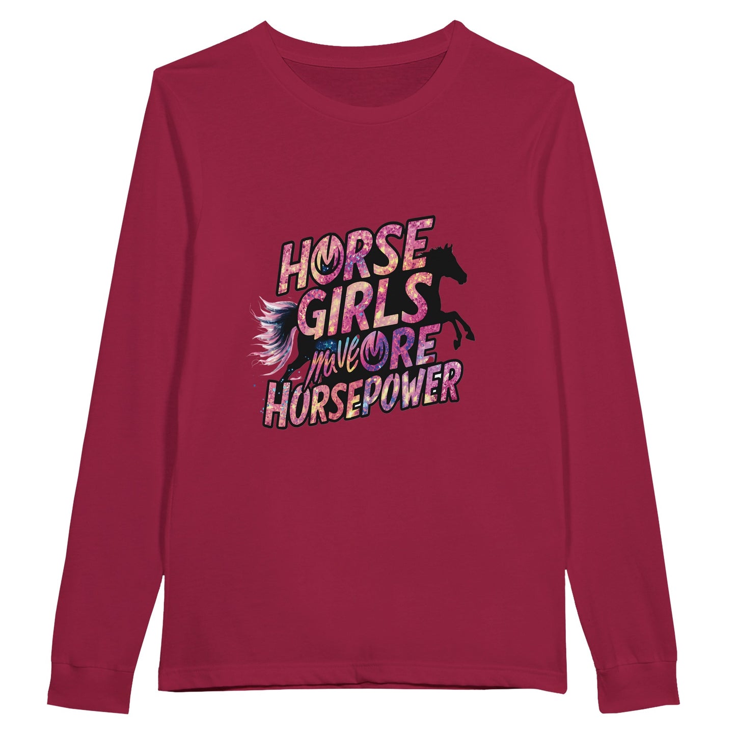 Red long-sleeve t-shirt with "Horse Girls Have More Horsepower" design, perfect for equestrian women.