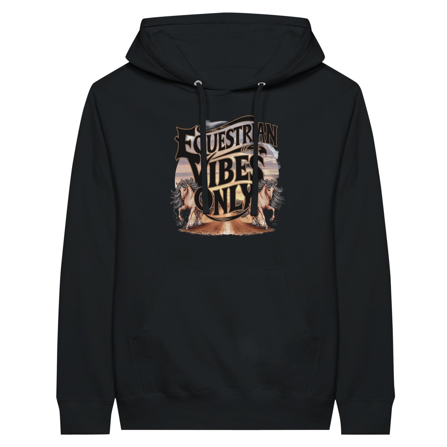 Black hoodie with "Equestrian Vibes Only" text and galloping horse graphics, perfect for equestrian enthusiasts.