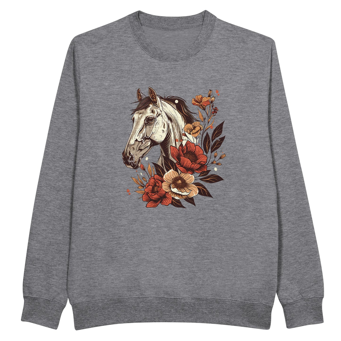 Horse sweatshirt with floral horse design, perfect for equestrian fans and cozy wear