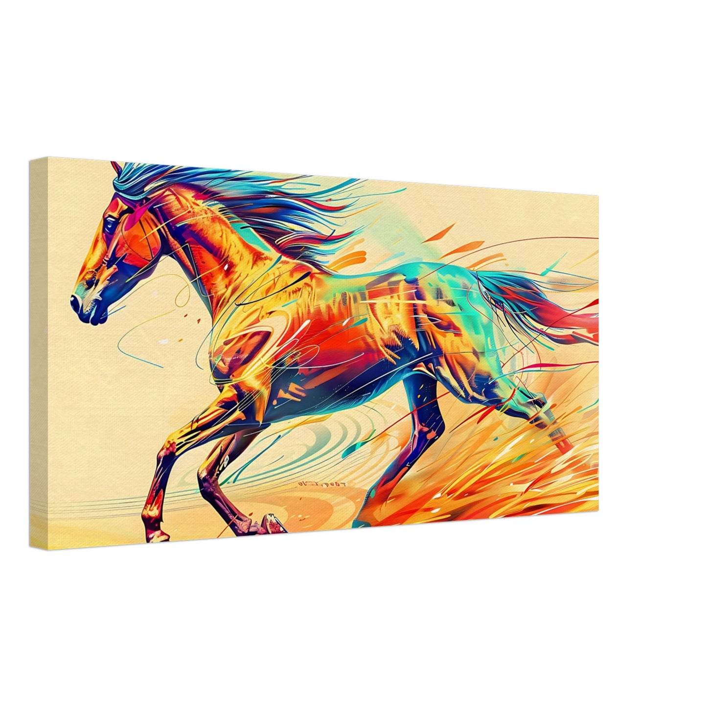 Vibrant horse wall art in motion with dynamic colors, titled "Galloping Vibrance."
