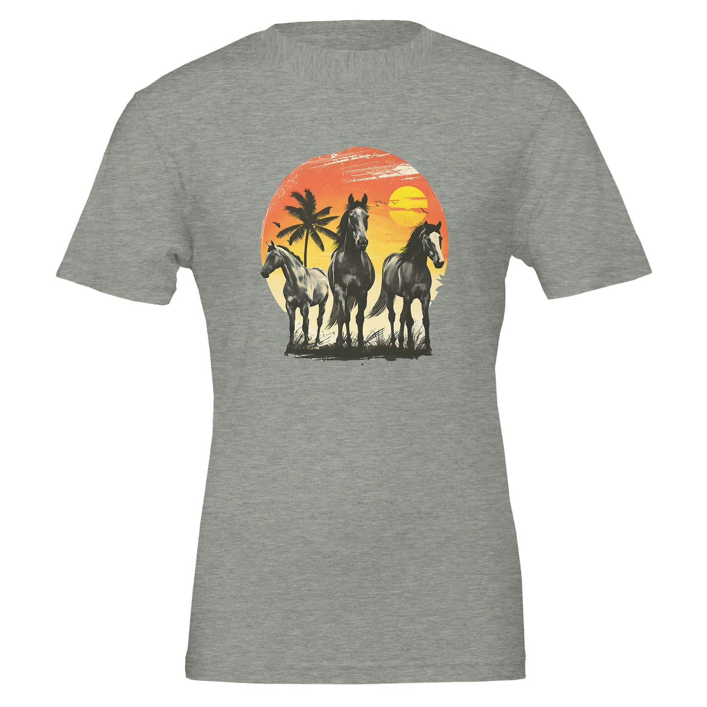 Gray T-shirt with horse design, featuring three horses against a tropical sunset with palm trees.
