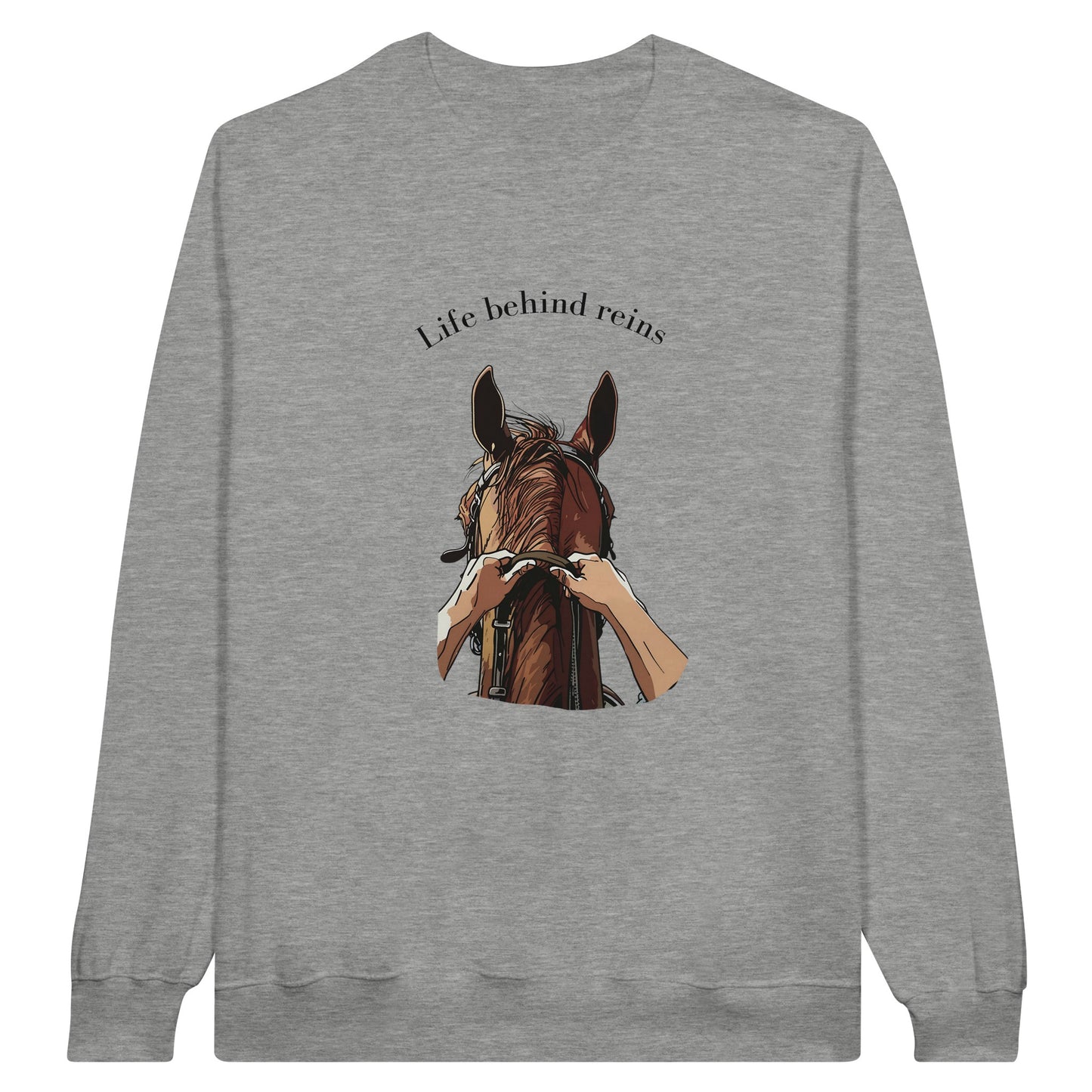 Gray sweatshirt with "Life Behind Reins" design featuring a horse and reins for horseback riding enthusiasts