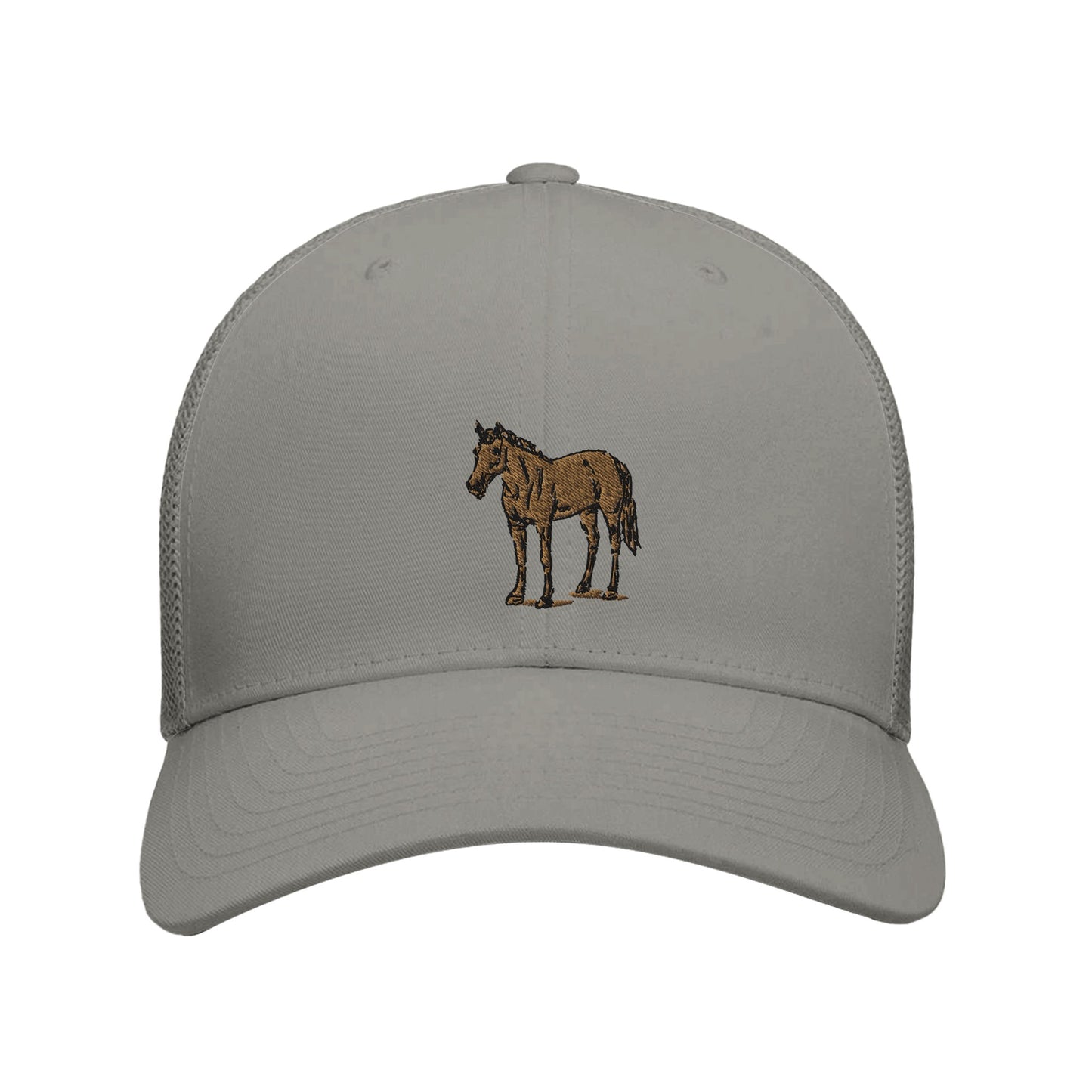 Gray trucker hat featuring an embroidered standing horse design, perfect for equestrian enthusiasts.