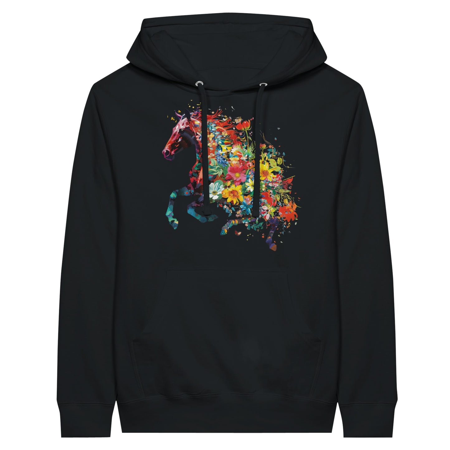Black HOODIE with a floral galloping horse design