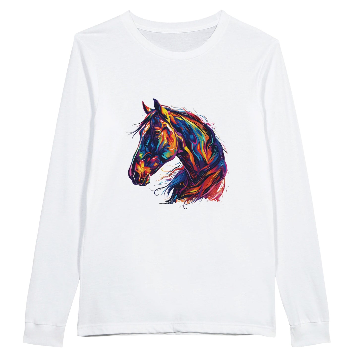 White long sleeve equestrian shirt with a vibrant horse head design, premium unisex apparel.