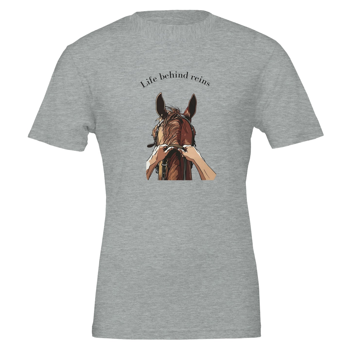 Gray t-shirt with "Life Behind Reins" design featuring a horse and reins for horseback riding enthusiasts