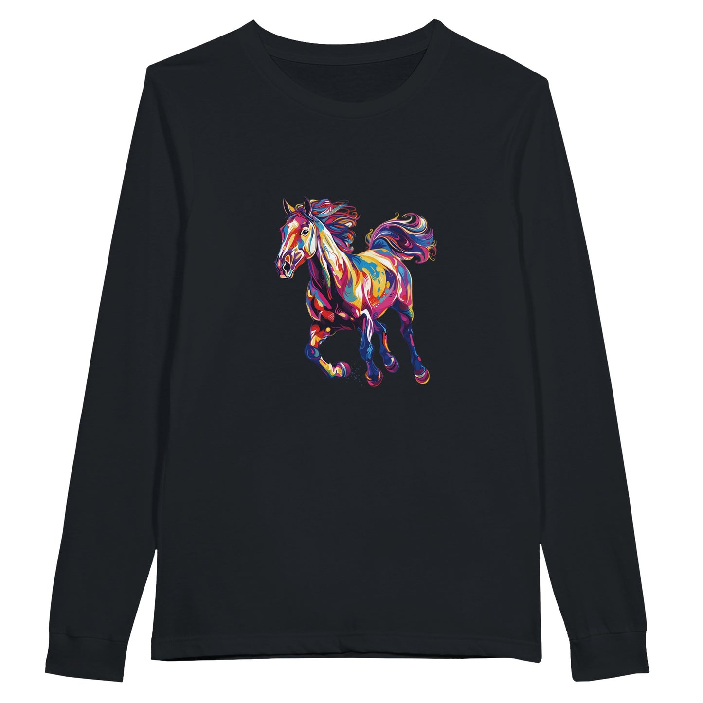 Colorful horse design on a black long sleeve equestrian shirt, perfect for horse lovers.