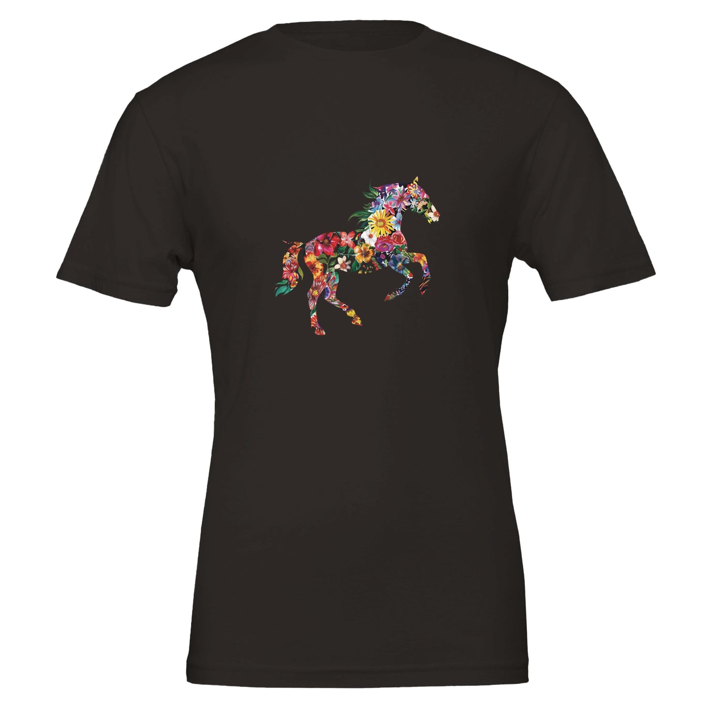 Black equine t-shirt with a floral galloping horse design