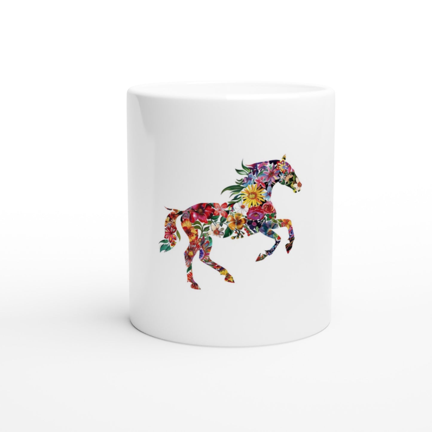 White ceramic horse mug with a colorful galloping horse floral design