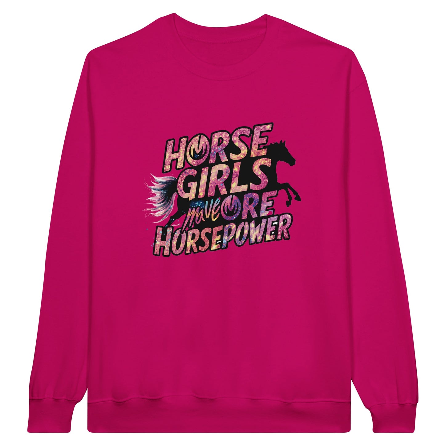 Bright pink Equine hoodie with "Horse Girls Have More Horsepower" graphic, featuring a running horse and dynamic typography. Perfect for womens horse hoodies fans.